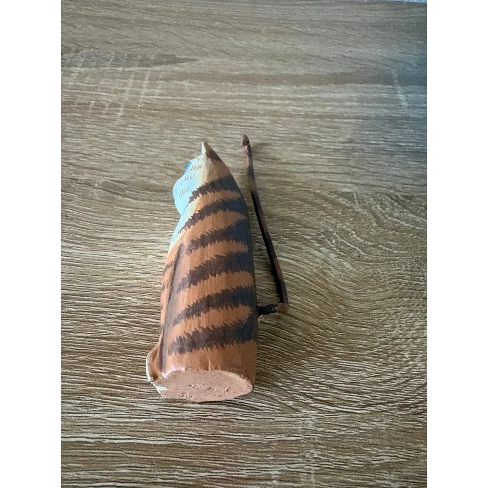 Hand-Carved Wooden Cat Figurine - Whimsical Folk Art Decor - Long Tail Striped